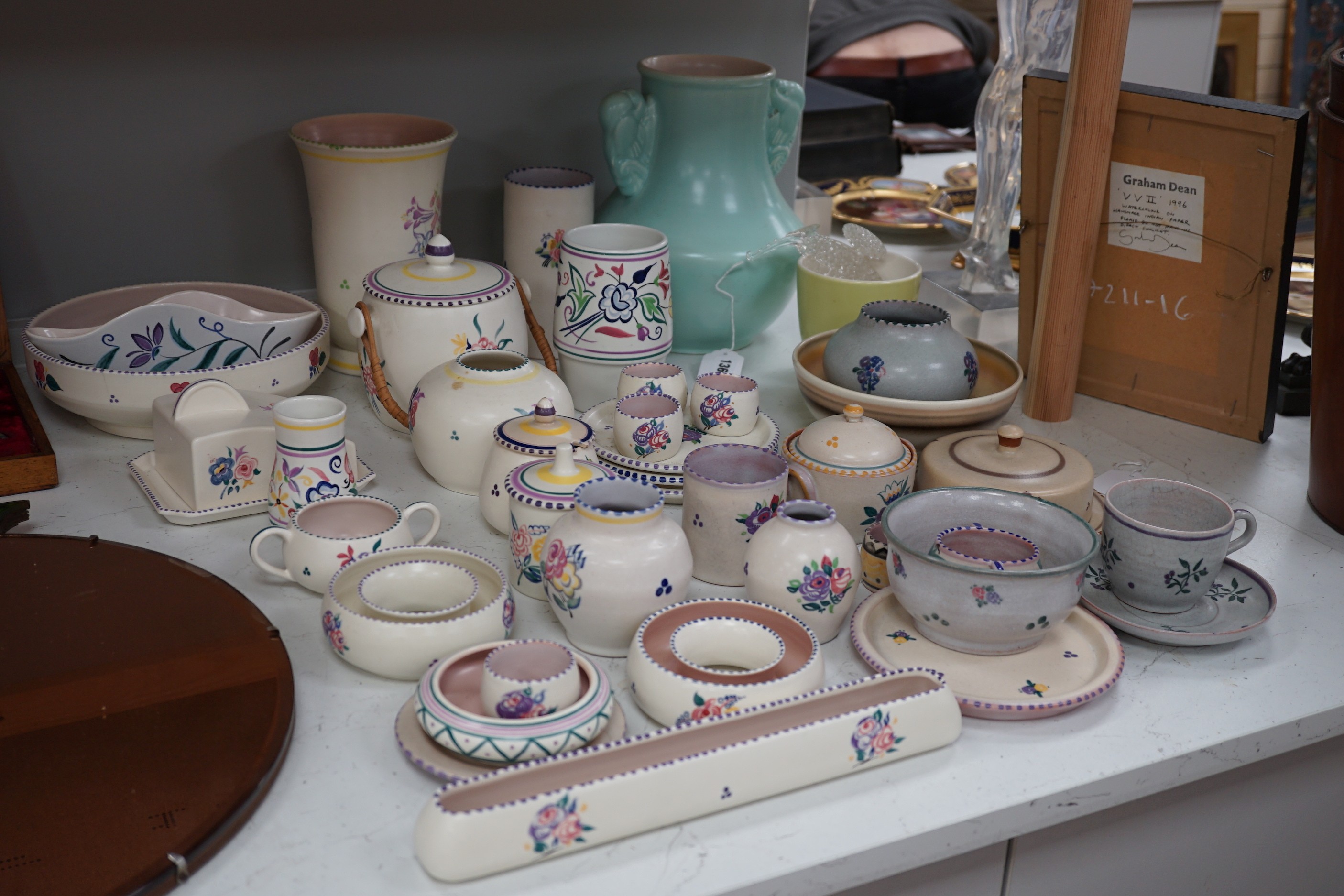 A large collection of mixed Poole pottery, mostly from 1920's, including a pale turquoise glazed 503 shape vase, tallest 26cms high